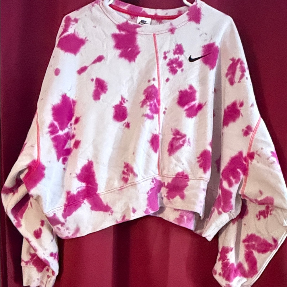 Nike White and Pink Tie-Dye Cropped Sweatshirt